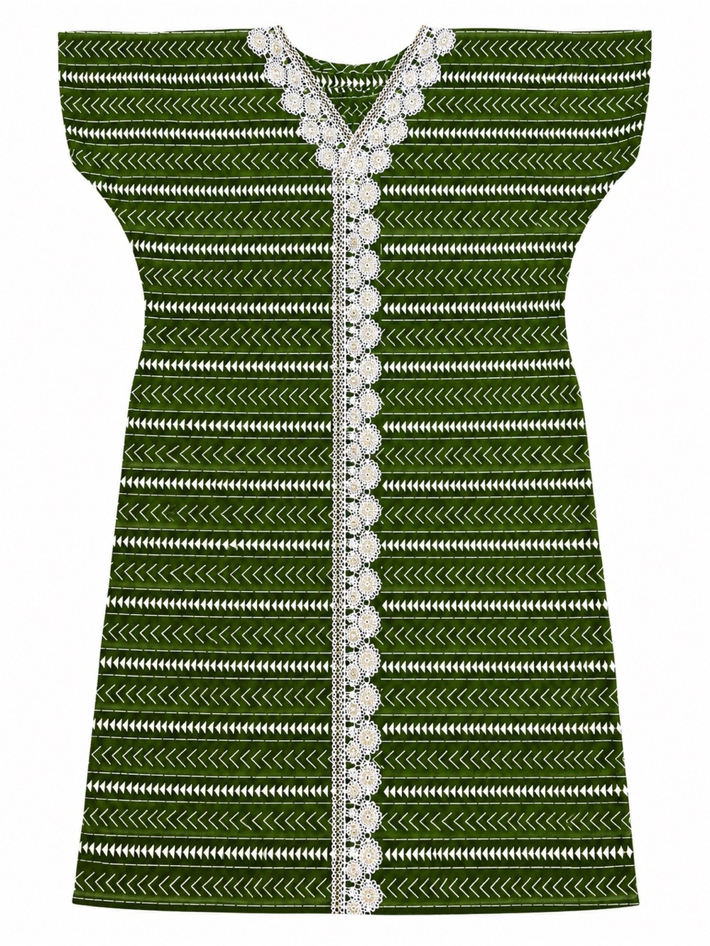 Olive Green Arrow Stripe Print Shift Dress Lace Trim V-Neck Cap Sleeve